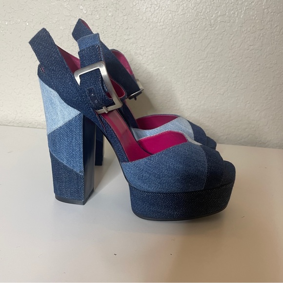 NEW ROGER VIVIER Prismick color-block denim platform sandals 37 - Picture 3 of 6